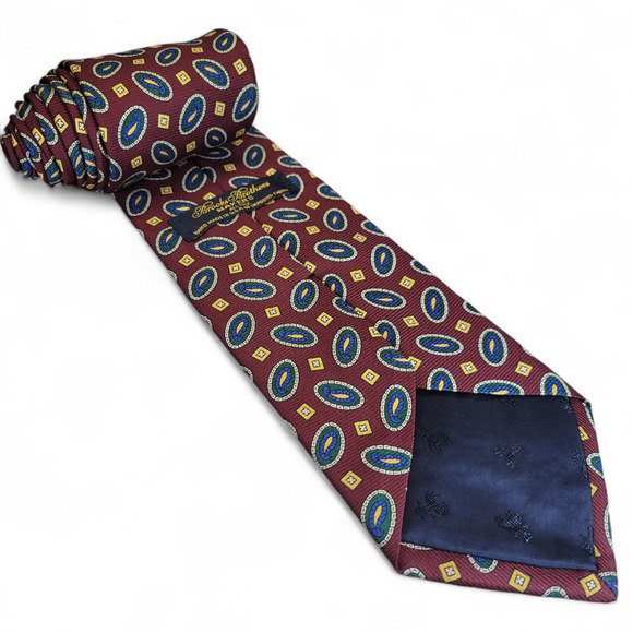 Brooks‎ Brothers Burgundy Red Blue Yellow Diamond Ornaments Men's Silk Neck Tie - Picture 2 of 9